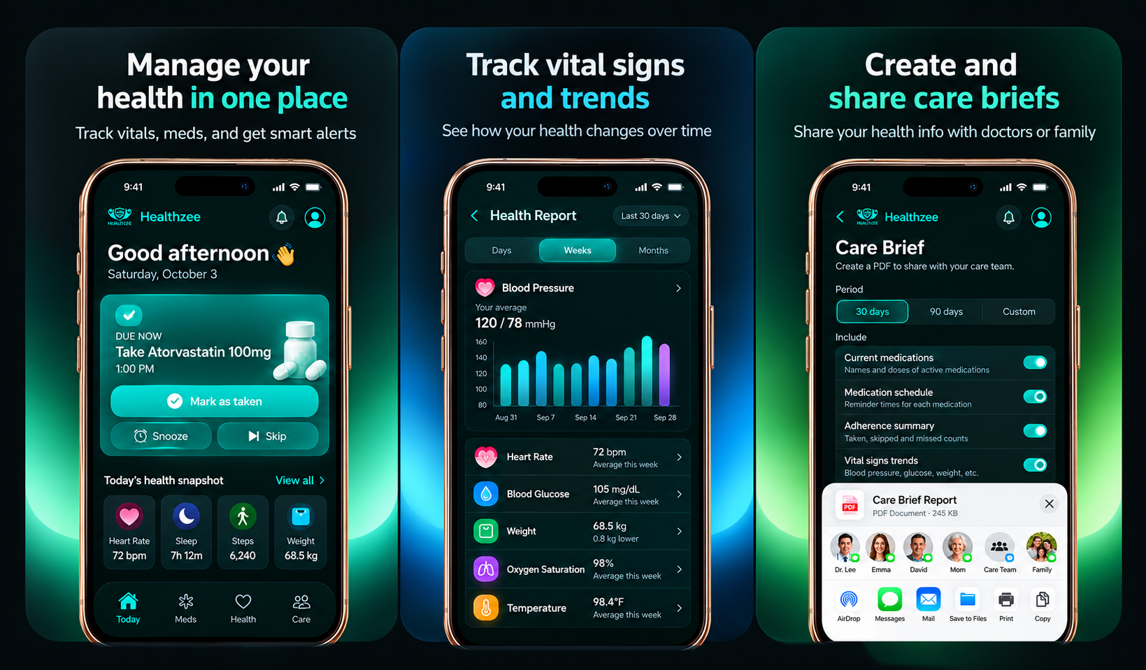 Healthzee app screens — manage health in one place, track vital signs and trends, and create shareable care briefs.